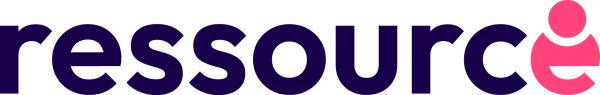 Logo RessourcE Logo aus lila Buchstaben Ressource, auf dem e ist ein Punkt