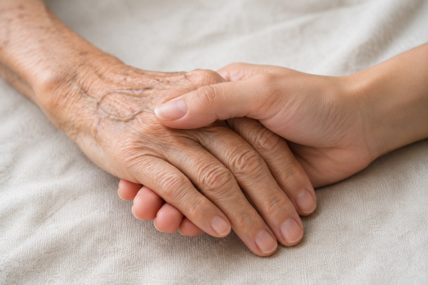 Eine junge Hand hält behutsam die Hand einer älteren Person. Die Nahaufnahme symbolisiert Fürsorge, Unterstützung und menschliche Nähe in der Pflege oder Betreuung älterer Menschen.
