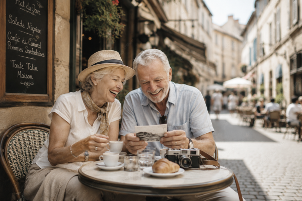 Älteres Paar sitzt lachend an einem Café-Tisch im Urlaub, betrachtet eine alte Postkarte, mit Kaffee, Croissant und Kamera auf dem Tisch – Symbolbild für die Auszeit durch Verhinderungspflege.