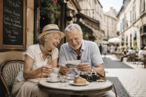 Älteres Paar sitzt lachend an einem Café-Tisch im Urlaub, betrachtet eine alte Postkarte, mit Kaffee, Croissant und Kamera auf dem Tisch – Symbolbild für die Auszeit durch Verhinderungspflege.