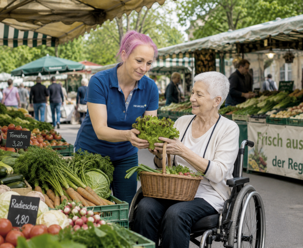 Betreuungskraft von vacances begleitet eine Frau im Rollstuhl beim Einkaufen auf dem Wochenmarkt, beide halten gemeinsam einen Kopfsalat über dem Einkaufskorb.