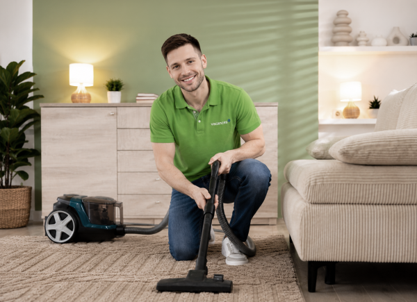 Haushaltshilfe von vacances saugt lächelnd den Wohnzimmerteppich, kniend mit Staubsauger in einem gemütlich eingerichteten Zuhause.