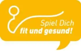 Logo des Gesundheitsprogramms 'Spiel Dich fit und gesund!' in einer gelben Sprechblase mit stilisierter Figur in Bewegung. Symbolisiert aktive Freizeitgestaltung und gesundheitsfördernde Aktivitäten.