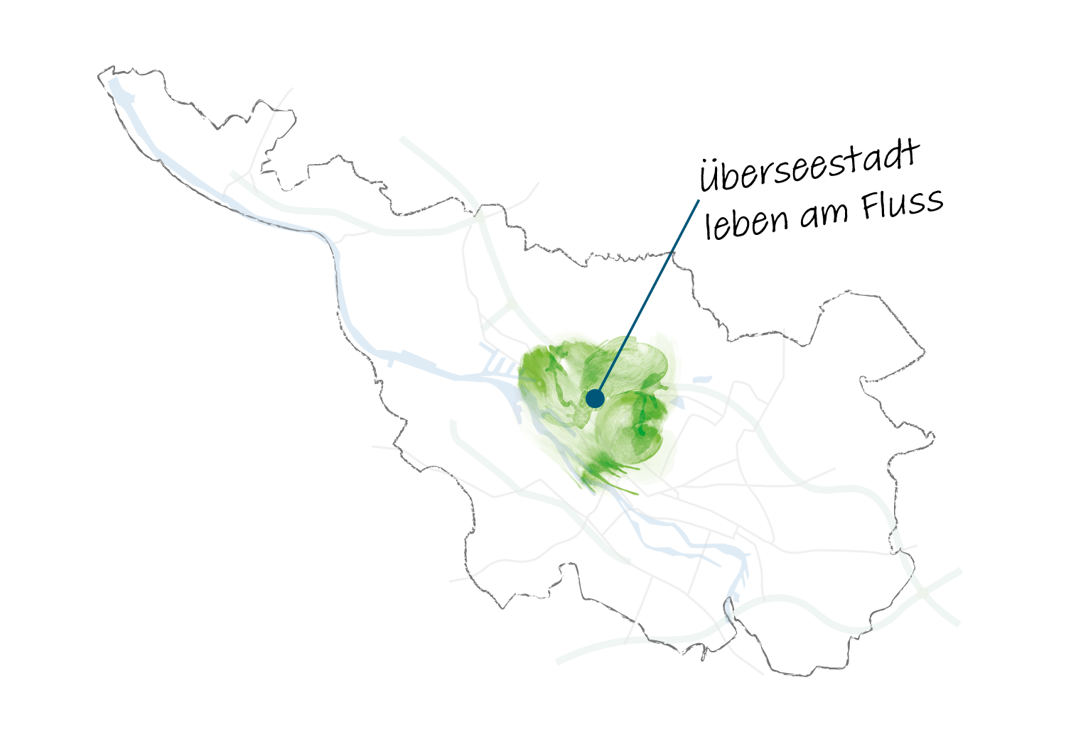 Umrisskarte der Stadt Bremen mit grün hervorgehobenem Gebiet der Überseestadt und angedeuteten Flussläufen. Ein blauer Markierungspunkt verbindet das Gebiet mit dem Text 'Überseestadt leben am Fluss'