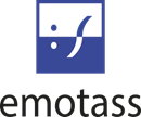 emotass Logo von 'emotass' mit blauem Quadrat, das abstrakte weiße Elemente enthält, und dem schwarzen Schriftzug darunter.