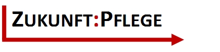 Logo 'ZUKUNFT' in schwarzer Schrift mit rotem Pfeil und L-förmigem Design-Element. Symbolisiert zukunftsorientierte Pflegedienstleistungen und moderne Pflegekonzepte.